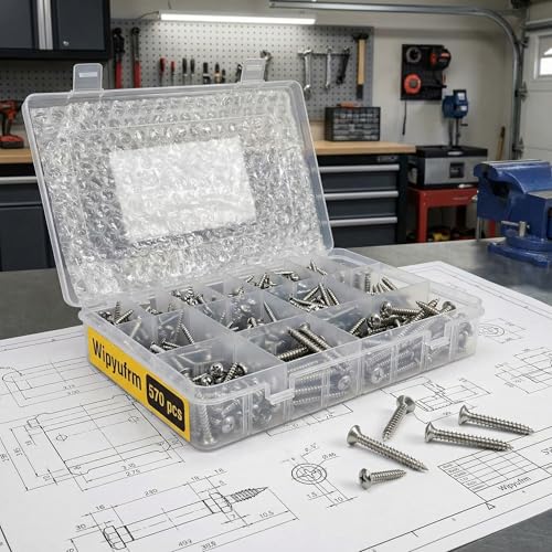 570Pcs Self Tapping Screws Assortment Set, M3/M4/M5/M6 304 Stainless Steel Sheet Metal Screws Kit, Phillips Drive Wood Screw Assortment 570pcs