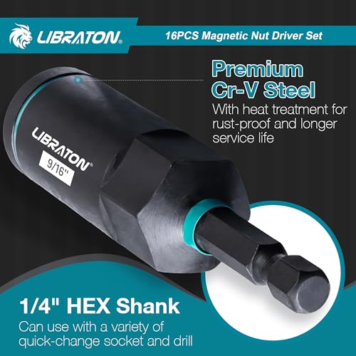 LIBRATON Magnetic Nut Driver Set, 16PCs Impact Driver Bit Set, SAE