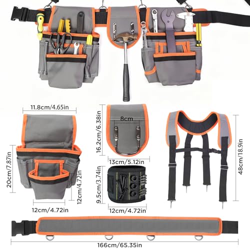 Tool Belt with Suspenders, Tool Belts for Men, Magnetic Wristband & Detachable Pouch – Heavy Duty Adjustable Belt for Electricians, Carpenters, DIY, Construction,Gift (Gray-Orange, Universal) Gray-orange