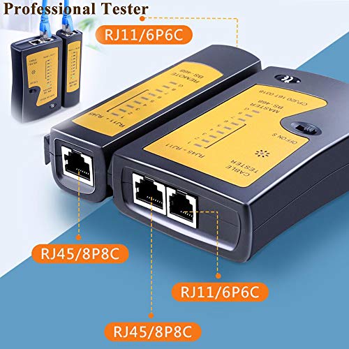LEATBUY Network Crimp Tool Kit for RJ45/RJ11/RJ12/CAT5/CAT6/Cat5e/8P, Professional Crimper Connector Stripper Cutter, Computer Maintenance Lan Cable Pliers Tester Soldering Iron Set(Orange) Orange