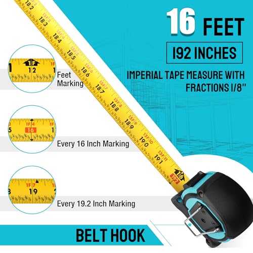 DURATECH Magnetic Tape Measure 25FT&16FT with Fractions 1/8, Retractable Measuring Tape, Easy to Read Both Side Measurement Tape, Magnetic Hook and Shock Absorbent Case