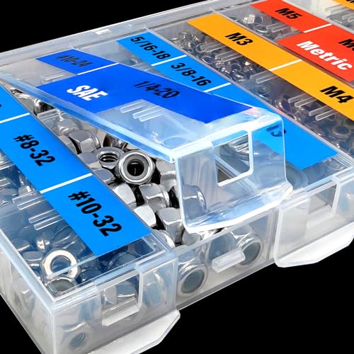 EEEEE Lock Nuts Assortment 444 pcs Stainless Steel 304 Metric locknut M3 M4 M5 M6 M8 M10 M12#6#8#10 1/4 5/16 3/8 1/2 Nylon Insert Hardware nut Lock Metric nylock nut Secure nut Steel Metric and SAE 444pcs