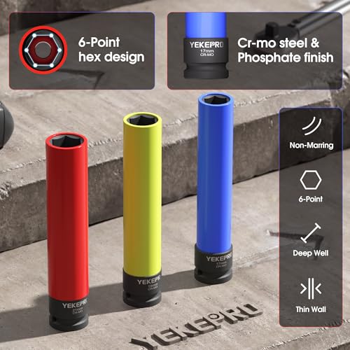 3PC Lug Nut Socket Set, 1/2" Drive Extra Long Impact Sockets