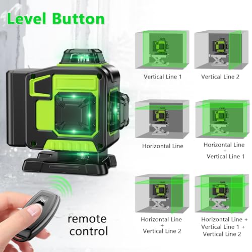 16 Line Laser Level 360 Self Leveling, 4x360°Professional 4D Green Cross Line laser Level with 2 Batteries & Remote Control, for Tiling Floor Construction and Picture Hanging