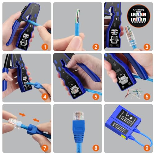 Proster RJ45 Crimper Kit - Pass-Thru for Cat6/Cat5e w/ 50 Connectors Blue