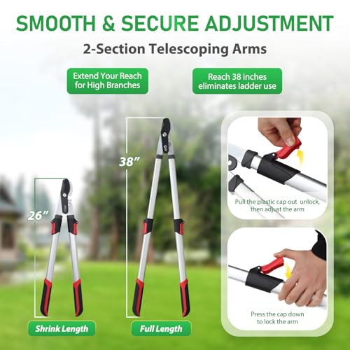 Extendable Loopers for Tree Trimming, 26-38'' Heavy Duty Thick Branches Cutter Lopping Shears with SK5 Steel Blade, Pruning Shears with 1.6” Cut Capacity, Loppers with Compound Action for Gardening