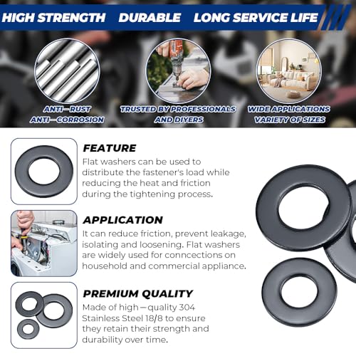 M8 (8.5mm ID x 16mm OD) Black Flat Washers (100 pcs), 304 Stainless Steel 18/8 Metal Washers for Screws and Bolts, Black Finish M8 x 16mm OD 100