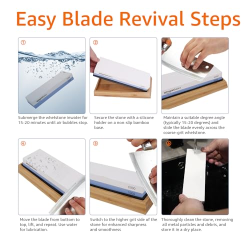 Amazon Basics Whetstone Knife Sharpening Stone, Double-Sided 1000/6000 Grit with Angle Guide, Non-Slip Bamboo Base, Black & Grey Grit: 1000/6000