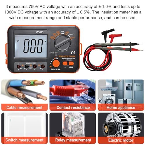 Digital Megohmmeter, Insulation Resistance Tester Insulation Resistance 0.1MΩ-2GΩ with 250V/500V/1000V Test Voltage with Backlit LCD Display, Includes Measuring Tips Crocodile Clips
