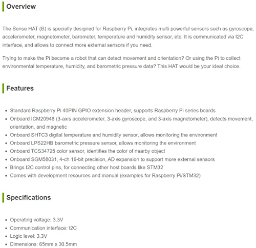 Waveshare Sense HAT (B) for Raspberry Pi Onboard Multi Powerful Sensors Such as Gyroscope Accelerometer Magnetometer Barometer Temperature Humidity Sensor Communicated via I2C Interface