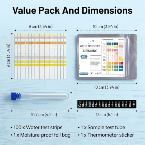 Aquarium Test Strips 100 Pieces 9-in-1 Water Test with Thermometer | 100pcs Aquarium Test Strips for 9 Water Values with Test Tube and Thermometer for Freshwater and Saltwater Aquariums