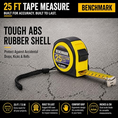 5 Pack - Tape Measures 25ft / 7.5m – Inch & Centimeter Marks. Rugged Outer Shell with Easy Grip Design - High Visibility Steel Tape - Thumb Lock - Autowind - Belt Clip – Retractable Measuring Tape Blue/Yellow 5