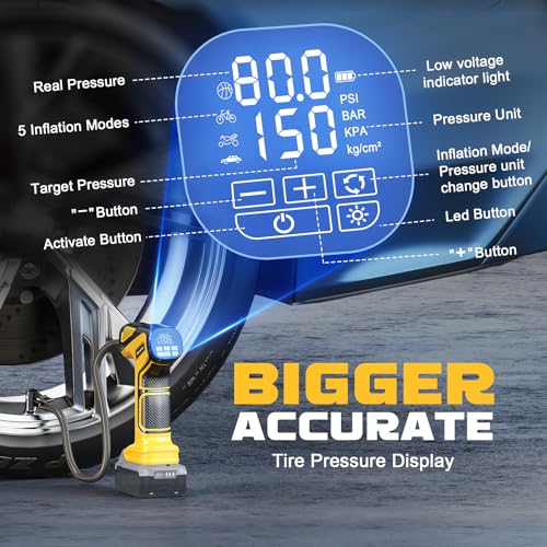 Ecarke 150 PSI Cordless Tyre Inflator Compatible with Dewalt 20V Battery Yellow