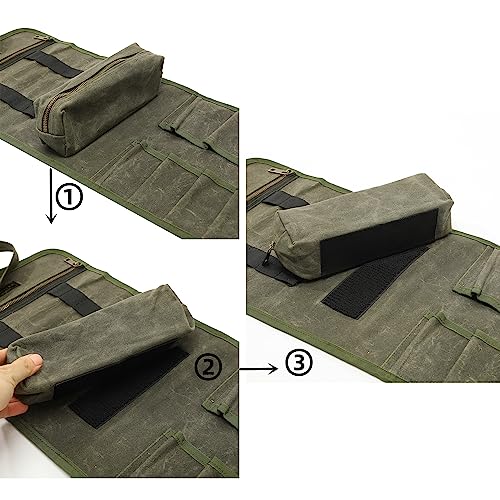 Wrench/Tool Roll (7 Slots), Waxed Canvas Roll Up Bag with 1 Small Detachable Tool pouch and 1 Zipper Pockets, Multi-Purpose Wrench Roll Organizer for Motorcycle/Mechanic/Electrician Black