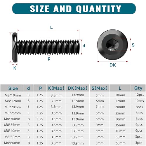 61Pcs M8 Flat Head Hex Socket Cap Screws Assortment Kit, M8x 10mm/12mm/20mm/25mm/30mm/35mm/40mm/50mm/60mm Socket Cap Bolts,304 Stainless Steel 18-8, Full Thread, Black Oxide with Hex Spanner