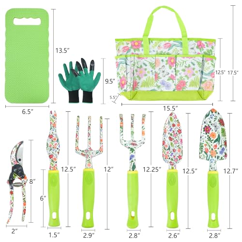 Garden Tool Set 9 Piece Heavy Duty Aluminum Gardening Hand Tools Kit Cute Gardening Supplies with Non-Slip Rubber Grip Gift for Women/Parent Green