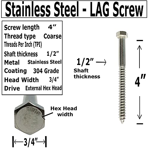 1/2" x 4" Stainless Steel Lag Screws – 304 Grade Hex Head Lag Bolts for Wood, Construction & Decking | Heavy Duty Fasteners | 10 Pack