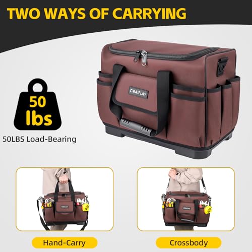 16-Inch Tool Bags For Men Heavy Duty, 29 Pockets Large Tool Organizer Bag with Hard Plastic Bottom & Waterproof Oxford, Electrician Tool Bag for HVAC Mechanic Contractor Construction Work Brown 16 Inch