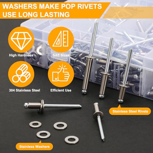 500Pcs 304 Stainless Steel Pop Rivets Kit, 9 SAE Sizes, 3/16" Assorted Blind Rivets with Washers & Case for Metal/Home/Automotive Copper