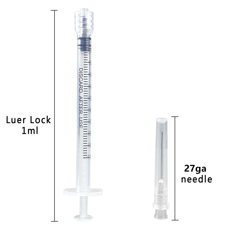 100pack-1ml Luer lock Syringes with 27Ga(0.5inch)Needles, Individually Packaging Disposable Plastic Syringes and Needles for Scientific Labs, Industrial, Animal and Pet Supplies (1ml27ga100pack) 1ml27ga100pack
