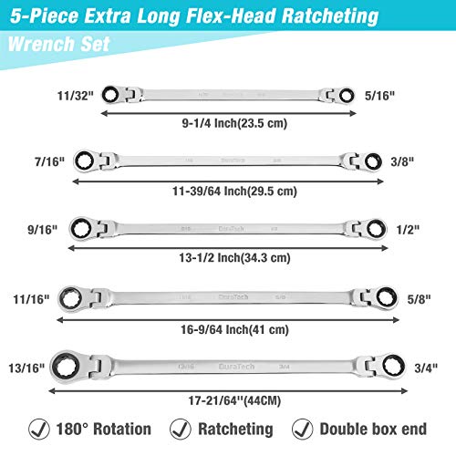 DURATECH Extra Long Flex-Head Ratcheting Wrench Set, 5-Piece, SAE