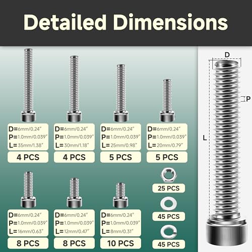 120Pcs Metric Bolt Assortment Kit M4 M5 M6 & 159Pcs M6 Machine Screw Assortment Kit, M6 x 8/12/16/20/25/30/35mm Stainless Steel Bolts and Nuts Kit with Lock & Flat Washers, Socket Head Metric