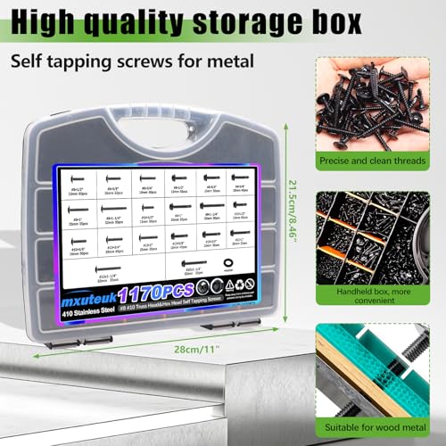 mxuteuk #8 Self Tapping Screws+#8#10 Self Tapping Screws for Metal,410 Stainless Steel Self Drilling Screws,Truss Head & Hex Head 1/2" to1-1/4'' Self Tapping Screw
