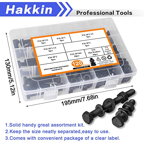 Hakkin 120PCS 5/16-18 Hex Bolts and Nuts Kit, Length 3/4",1”,1-1/2",2",2-1/2”,3”, 5/16” Heavy Duty Nuts and Bolts Screws Flat & Lock Washers Kit, Grade 8.8 Carbon Steel Machine Screw Assortment Kit H 5/16-18 Hex Bolts Black (120pcs)