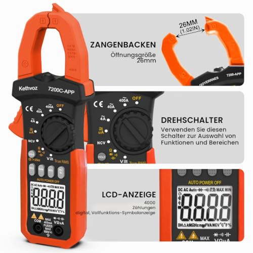 Bluetooth Clamp Meter, Kethvoz 4000 Counts TRMS Clamp Multimeter Auto Range Measurement 0-400A DC/AC Current Voltage Ohm Capacity Continuity NCV, Digital Clamp Ammeter
