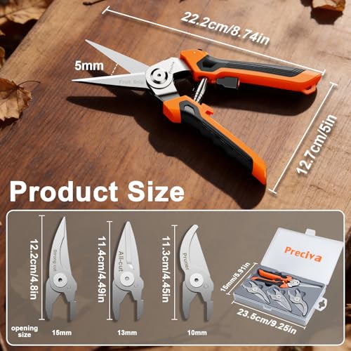 Preciva 4-in-1 Garden Pruning Shears, Gardening Shears with 4 Size Sharp High Carbon Martensitic Stainless Steel Blade, Rustproof, Wear-resistant, Removable, Multi-functional Gardening Tool