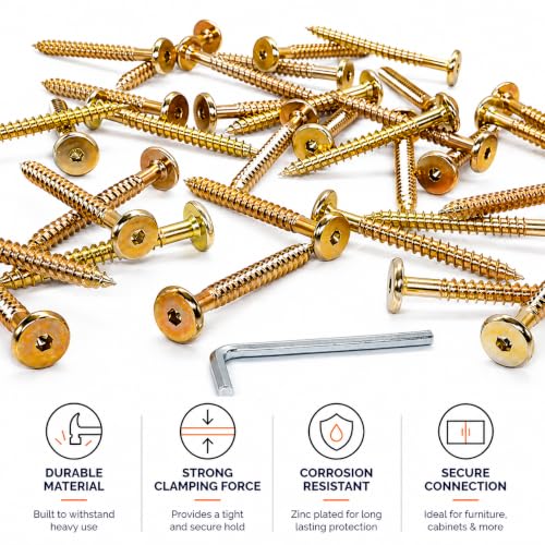 (Pack of 60) Yellow Zinc Plated Hex Socket Head Furniture Connector Bolts 1/4" × 2-3/8" (6.5 × 60 mm), Flat Head Furniture Bolts for Wood, with Hex Key Included 1/4" x 2-3/8" (6.5 x 60 mm)