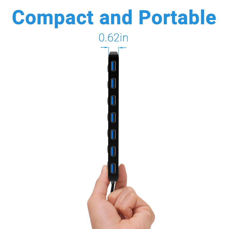 atolla 7-Port USB 3.0 Hub Splitter, USB Extender Ultra Slim Data USB Hub with Individual Power Switch and LEDs Black