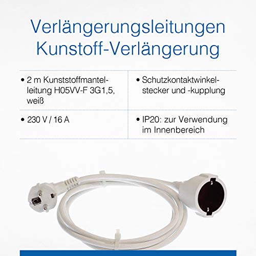 as - Schwabe Schuko Extension Lead (EU Plug Socket & Plug) | With earthing contact plug & earthing contact coupling - 230 V / 16 A Schuko extension cable with plastic coating - IP20 2 m White