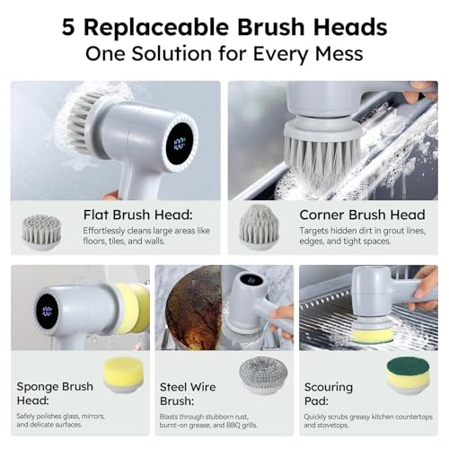 Electric Spin Scrubber Cordless, 5 In 1 Waterproof Cordless Electric Cleaning Brush with LED Display, Floor Scrubber With 2 Speeds 5 Brush Heads for Bathroom Tub Wall Kitchen Tile Car(Grey) Grey