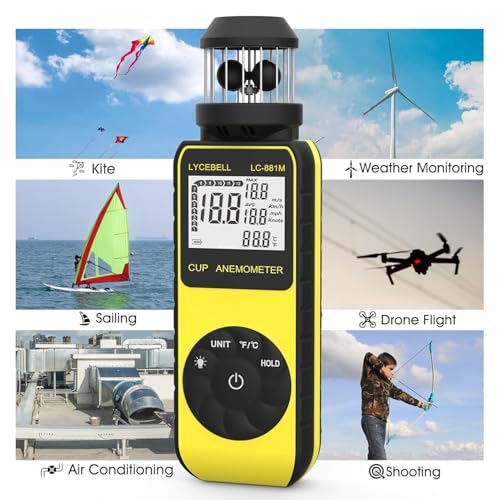 Wind Gauge, Handheld Digital Anemometer, Measures Wind Speed and Temperature with Compass, Wind Cup Anemometer for HVAC Vents, Surfing, Sailing (LC-881M)