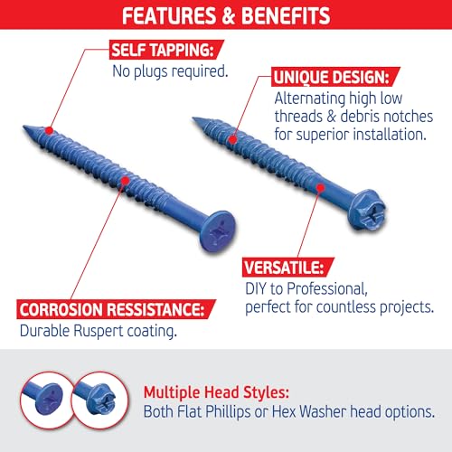 Blue Multi Purpose Blue Concrete Screw Mix Kit - 240 pcs (3/16x1-1/4, 3/16x1-3/4 & 1/4x1-1/4 w/ 2 Sockets & 3 Drill Bits - Use in Concrete, Masonry, Wood & Brick CSMIX-KIT