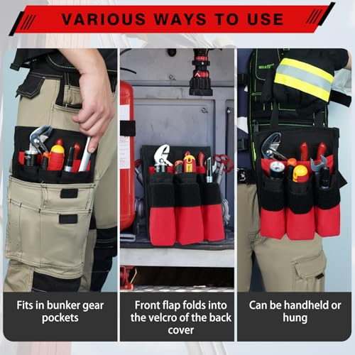 MELOTOUGH 7-Pocket Firefighter Tool Pouch with Carry Handle and Flap + Firefighter Bag Fireman SCBA Air Respirator Storage Bag (Red)