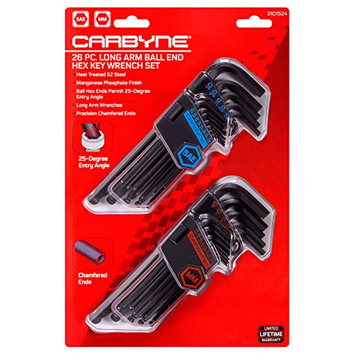 Carbyne 26-Piece Long Arm Ball End Hex (Allen) Key Wrench Set, SAE & Metric Long Arm 26
