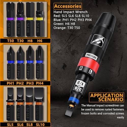 1/2" Hand Impact Screwdriver Set, 13 PCS Manual Reversible Impact Driver Kit, S2 Steel Bits Repair Tool, Disengage Rusted Fasteners or Frozen Bolts 1/2 Inch