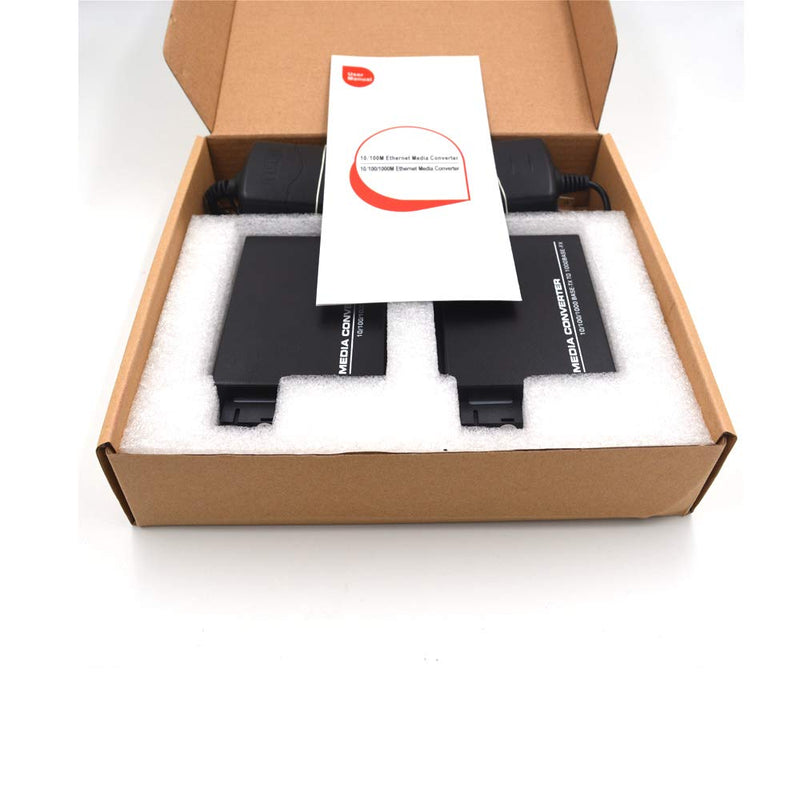 Gigabit Ethernet Fiber Media Converter SC, A Pair of 10/100/1000M RJ45 to 1000M Bi-Directional Single-Mode Fiber up to 20Km(12.4mi) SM 20Km, SC, Single Core
