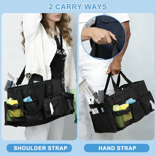 Large Wearable Cleaning Caddy Bags, Cleaning Supplies Organizer with Adjustable Shoulder Straps & Divider, 14 inch Black Tool Bag for Housekeepers & Cleaners Large