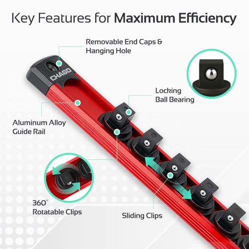 3PC Magnetic Socket Organizer, 40 Clips 1/4" 3/8" 1/2" Aluminum Swivel Rail