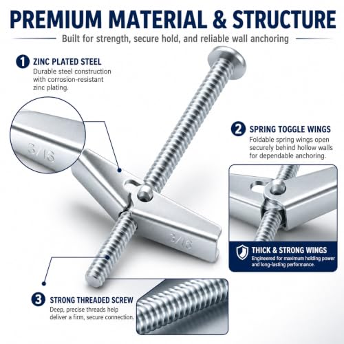 100-Pack 3/16" x 3" Toggle Bolts, Medium-Duty Spring Toggle Anchors for Drywall and Plaster, Zinc Plated Steel Hollow Wall Butterfly Bolts for Towel Bars, Mirrors, and Light Fixtures 100 3/16" x 3"