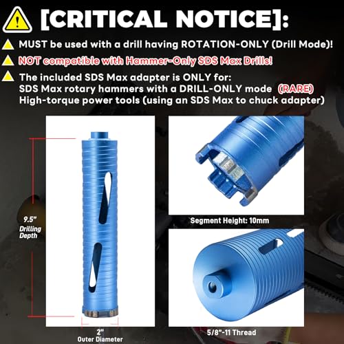 2" Dry Core Drill Bit for Brick and Block with 3 Adapters Included: SDS Plus, SDS Max and 1/2" Hex Shank, 9.5" Drilling Depth Core Bits for Concrete, Brick, Masonry, 5/8"-11 Thread 2 Inch