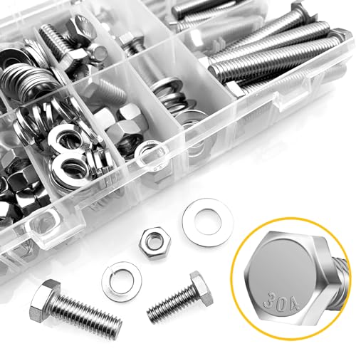 Mywish 448PCS Metric M5 M6 M8 Bolts and Nuts Assortment Kit & 254PCS SAE 1/4 20 5/16 18 3/8 16 Nuts and Bolts Set with Flat Spring Washers, 304 Stainless Steel