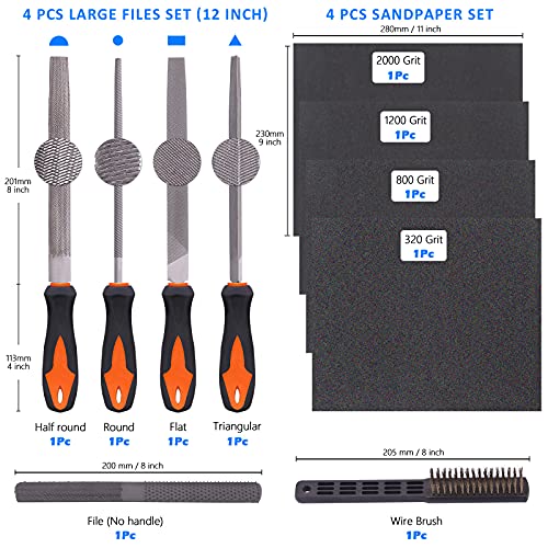 Glarks 25Pcs Hand Metal File Set Include 4Pcs Flat/Triangle/Half-round/Round Large File, 12pcs Needle Files, 1 brush, 4pcs Sandpaper and 4 Way Wood Rasp File for Shaping Metal, Wood, and Tools