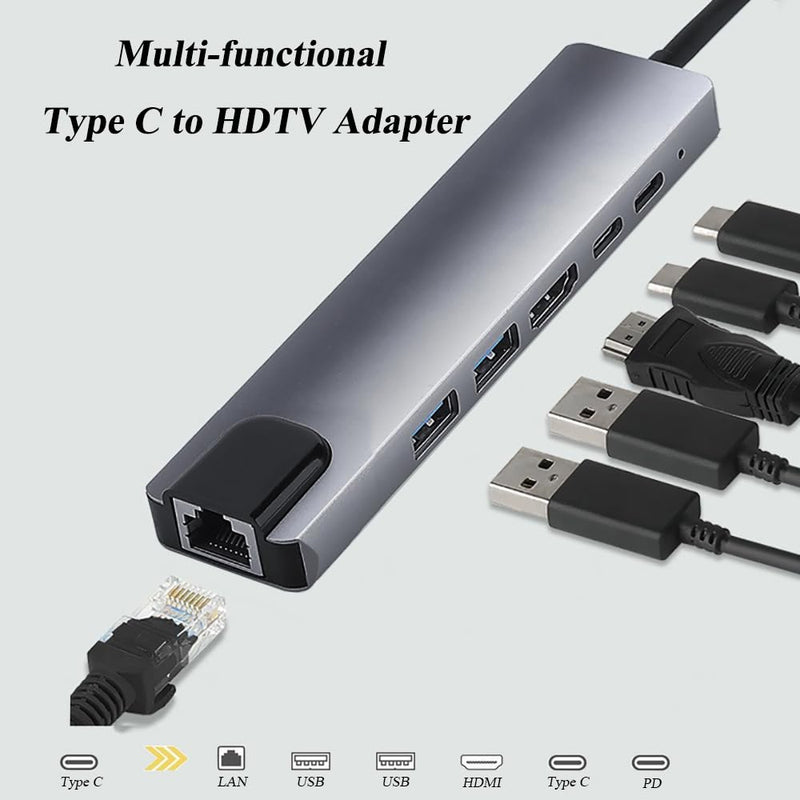 6 in 1 Type C to HDTV Adapter, USB C Hub with LAN Port, 4K HDMI Output USB C Adapter Compatible with MacBook Series, Chromebook, Laptop, Mouse, Keyboard, Flash Drive, Hard Disk