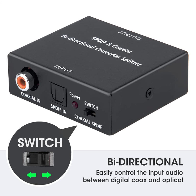 Optical-to-Coaxial or Coax-to-Optical Digital Audio Converter Adapter, Bi-Directional Digital Coaxial to/from SPDIF Optical (Toslink) Audio Converter with Fiber Optic and Coaxial Cable by ROOFULL Mini Digital Optical to/from Coaxial (+ Audio Cables)