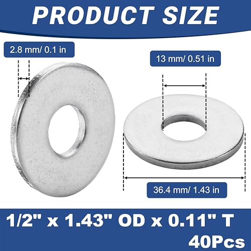 40 Pcs 1/2" Fender Washers Stainless,1/2" ID x1.43 OD x 0.1" Thick 1/2" x 1.43"OD x 0.1"T 40