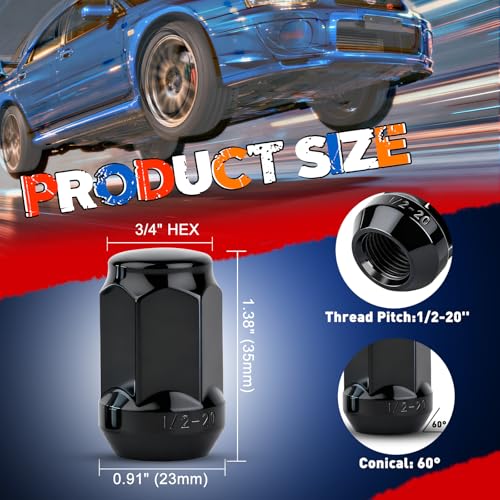20pcs 1/2-20 Closed End Black Lug Nuts, 1.38"-35mm Tall, 3/4"-19mm Hex 20pcs 1/2-20 1.38" long